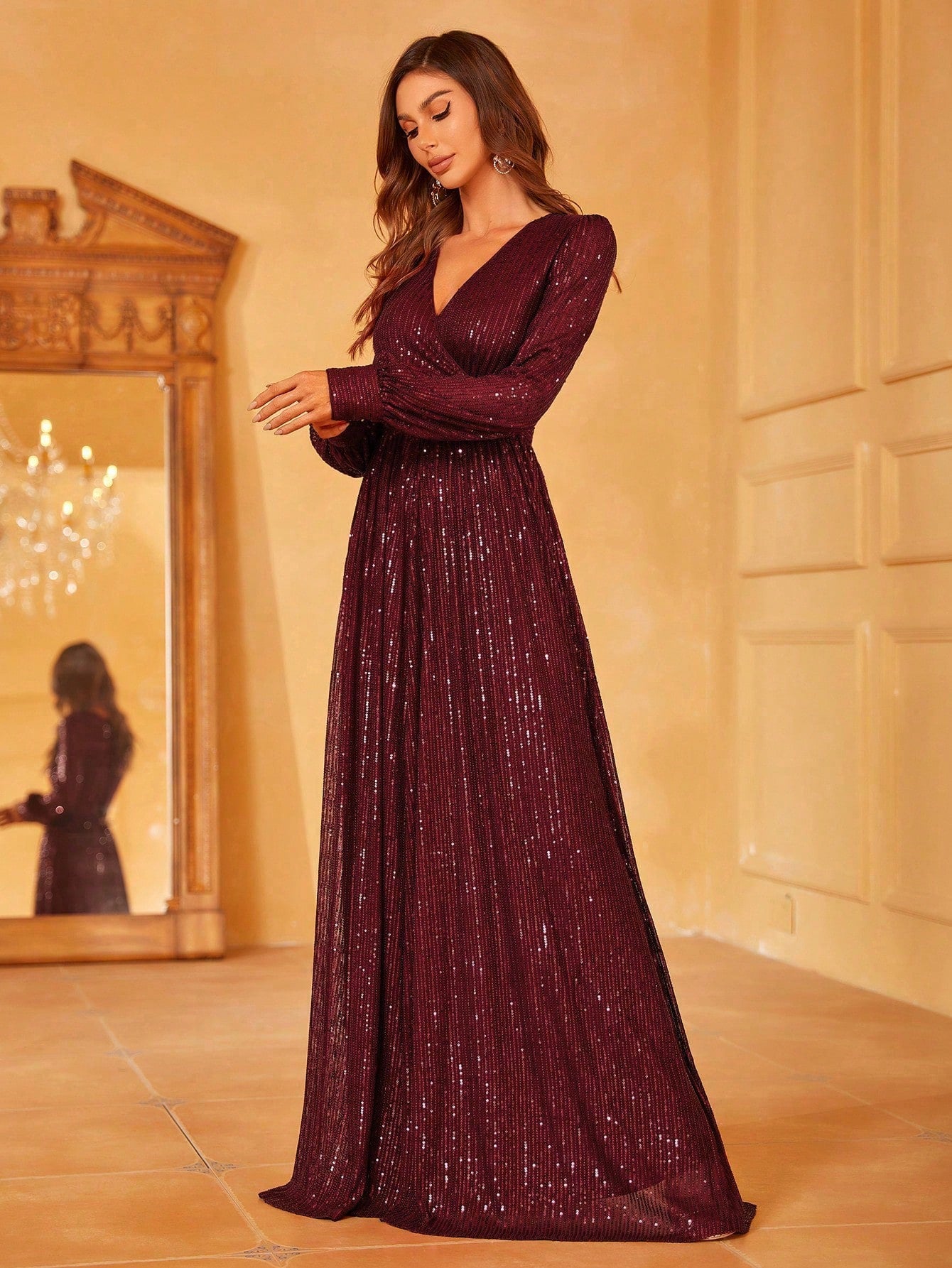 Surplice Neck Lantern Sleeve Sequin Formal Dress | XUIBOL
