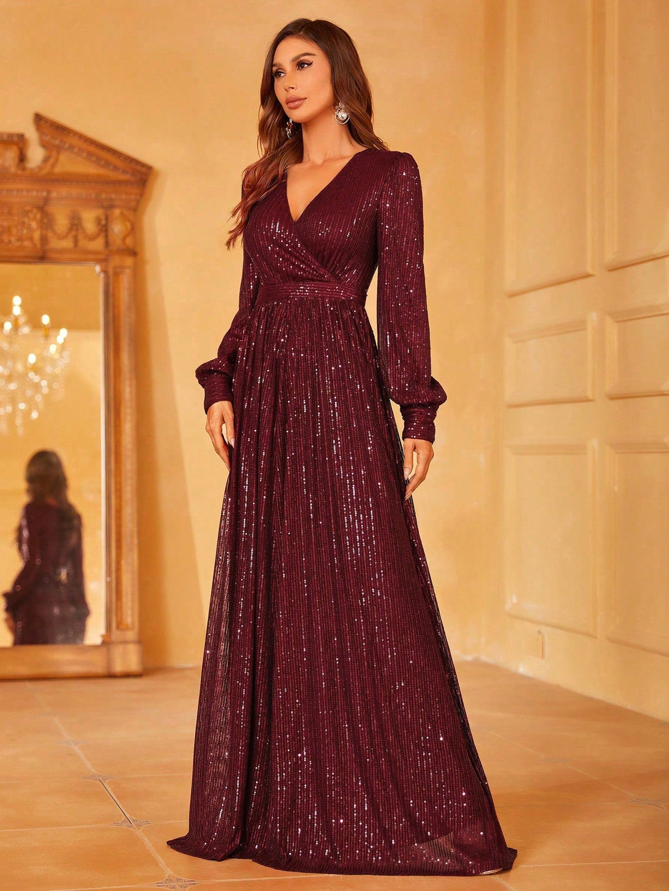 Surplice Neck Lantern Sleeve Sequin Formal Dress | XUIBOL