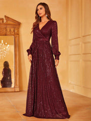 Surplice Neck Lantern Sleeve Sequin Formal Dress