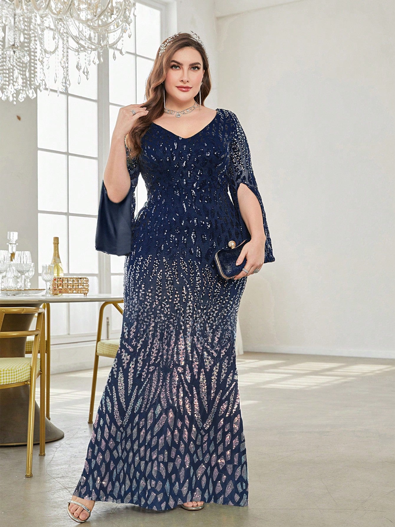 XUIBOL | Plus Split Sleeve Sequin Party Dress