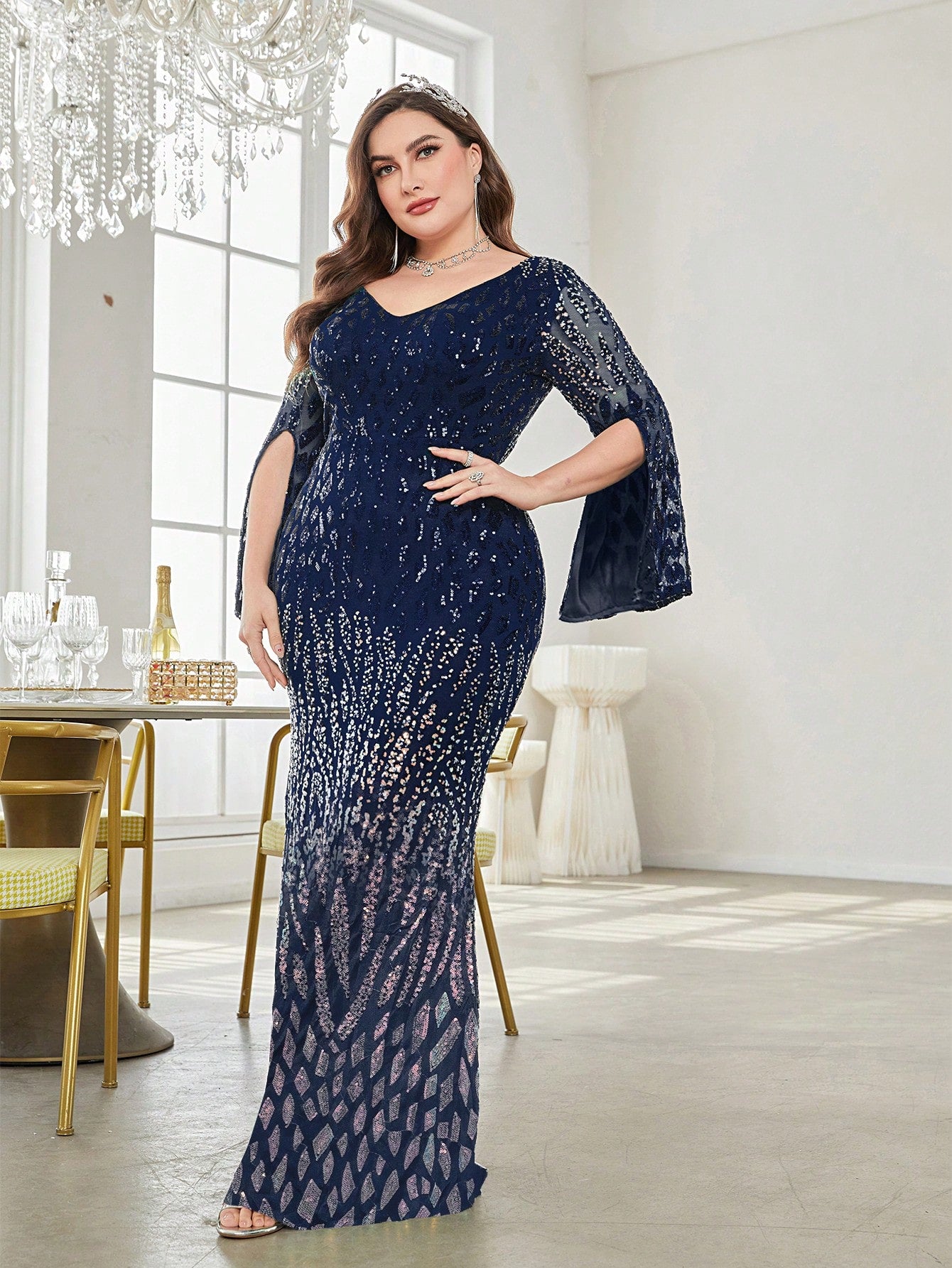 XUIBOL | Plus Split Sleeve Sequin Party Dress