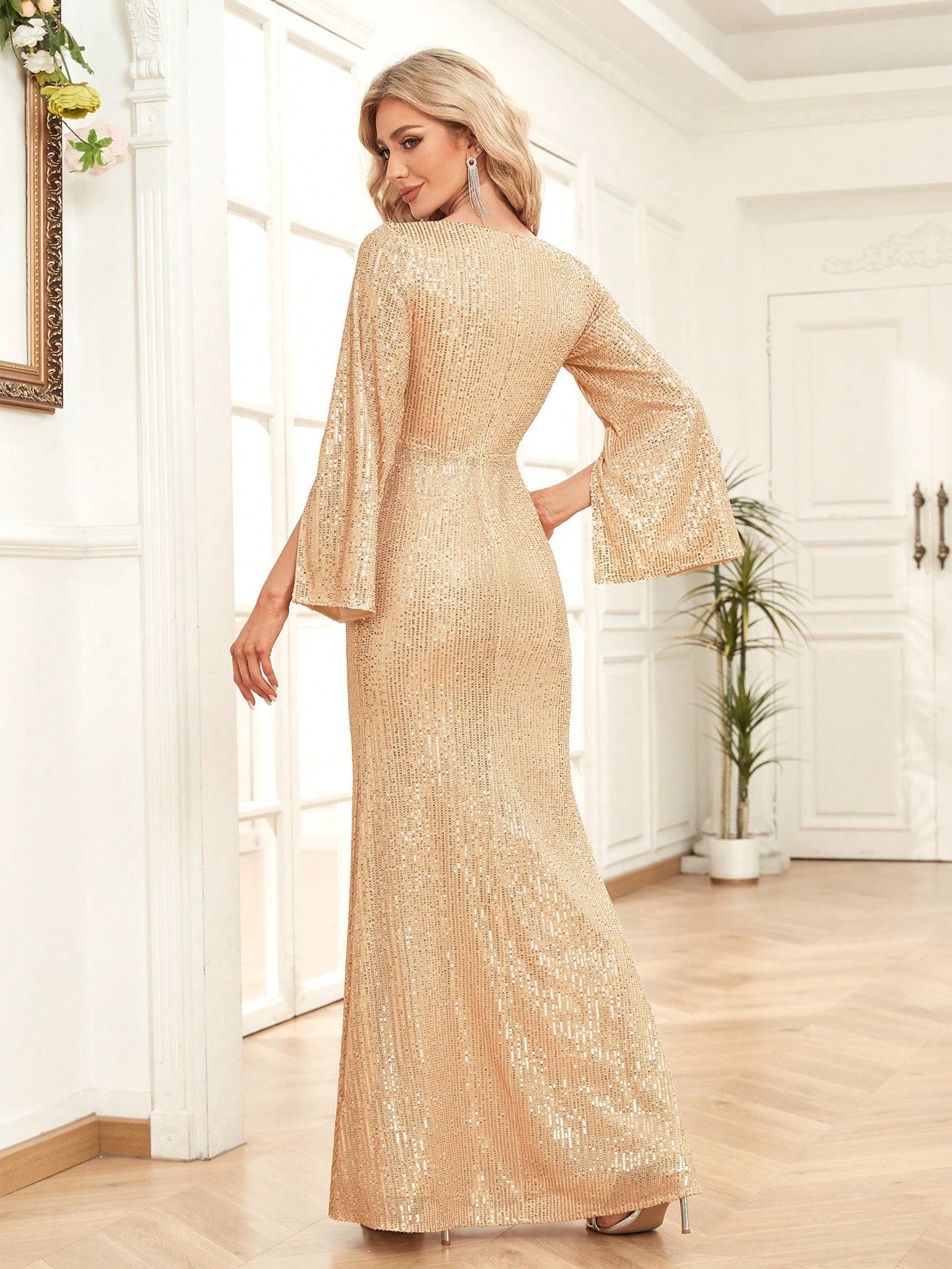 Split Sleeve Mermaid Hem Sequin Formal Dress | XUIBOL