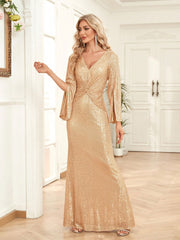 Split Sleeve Mermaid Hem Sequin Formal Dress