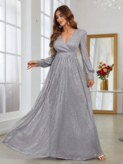 Surplice Neck Lantern Sleeve Sequin Formal Dress