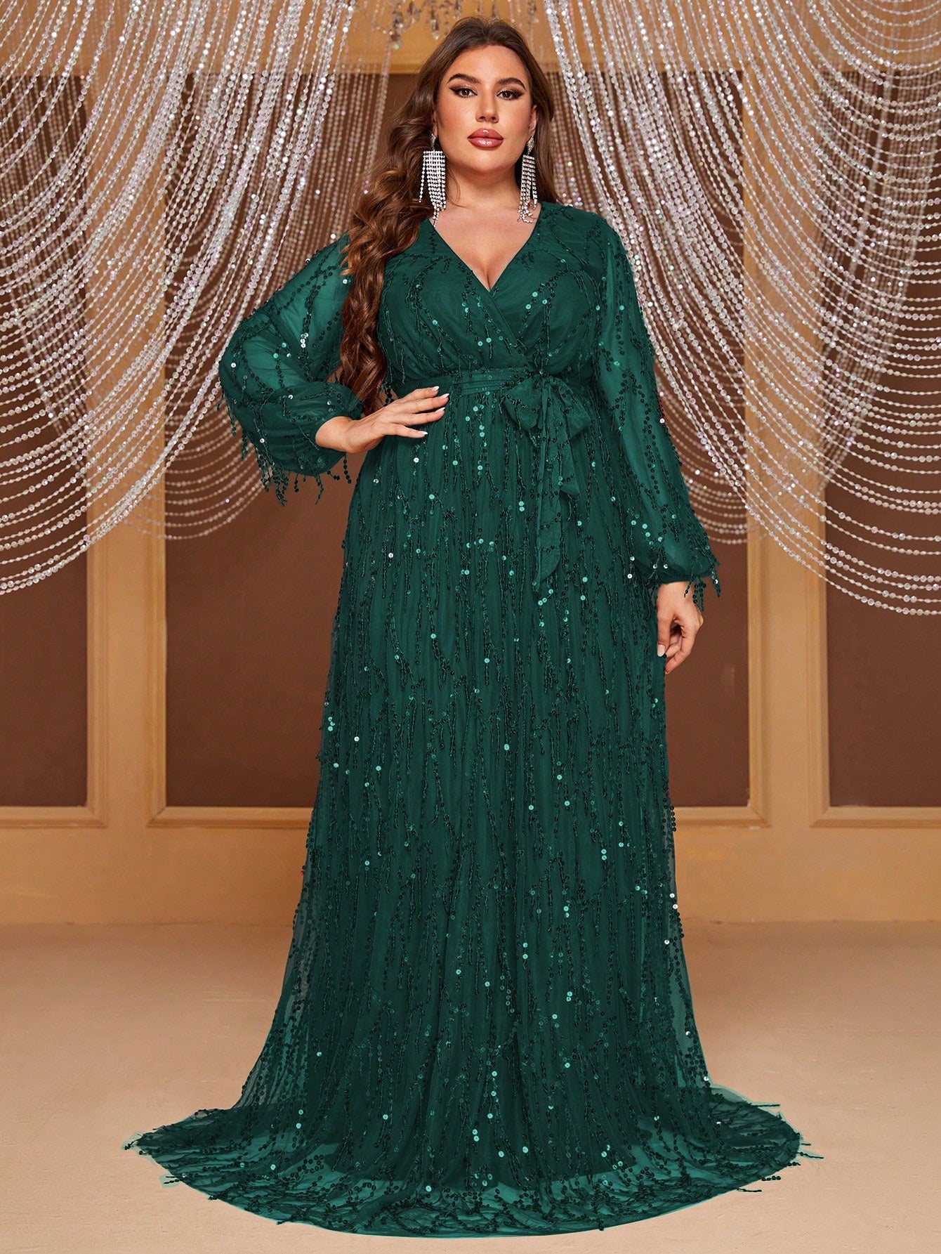 Plus Lantern Sleeve Belted Sequin Formal Dress