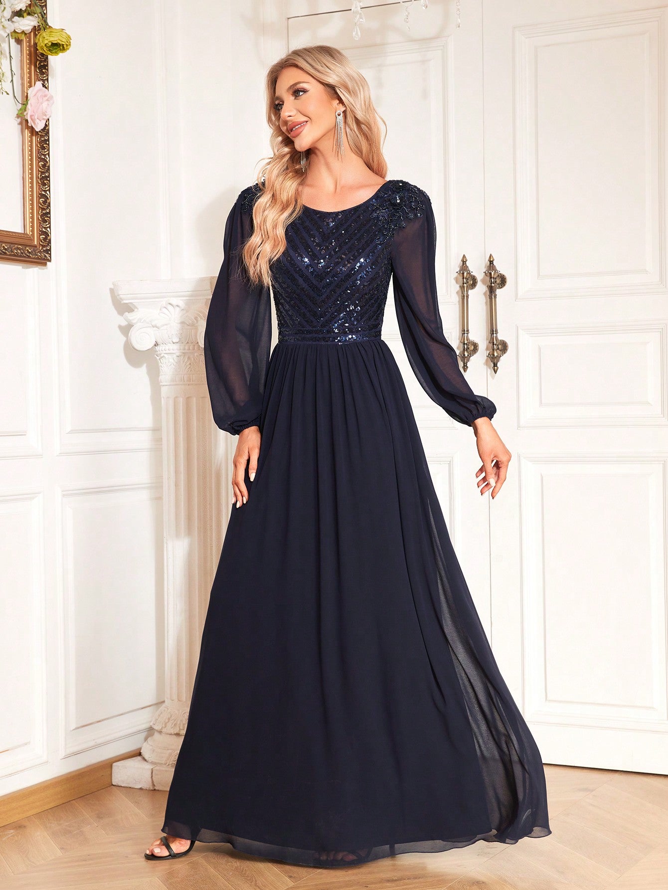Contrast Sequin Mesh Formal Dress | XUIBOL