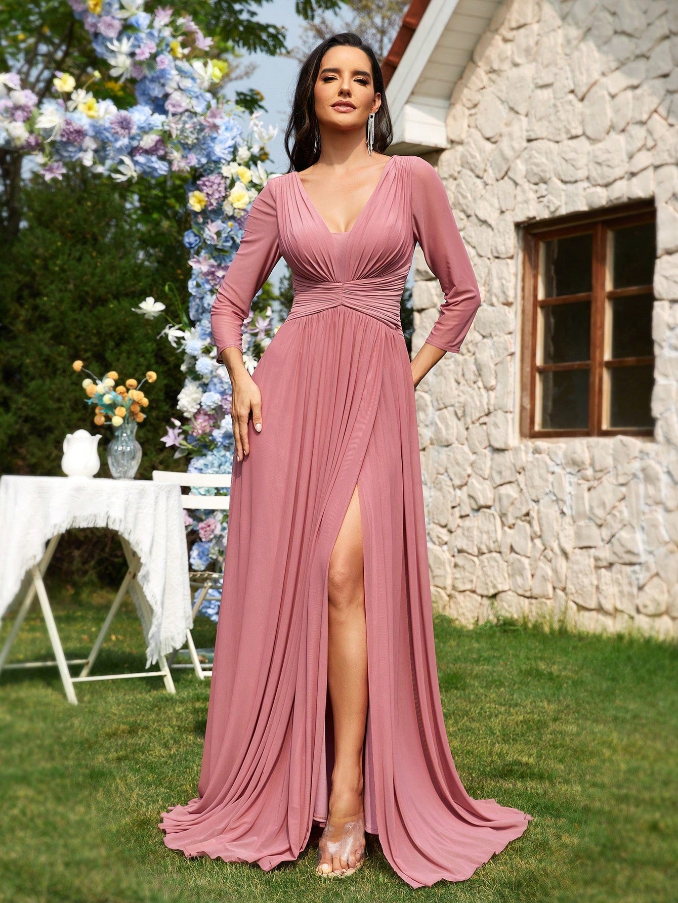Women'S Deep V-Neck Long Sleeve High Slit Hem Evening Party Maxi Dress | XUIBOL