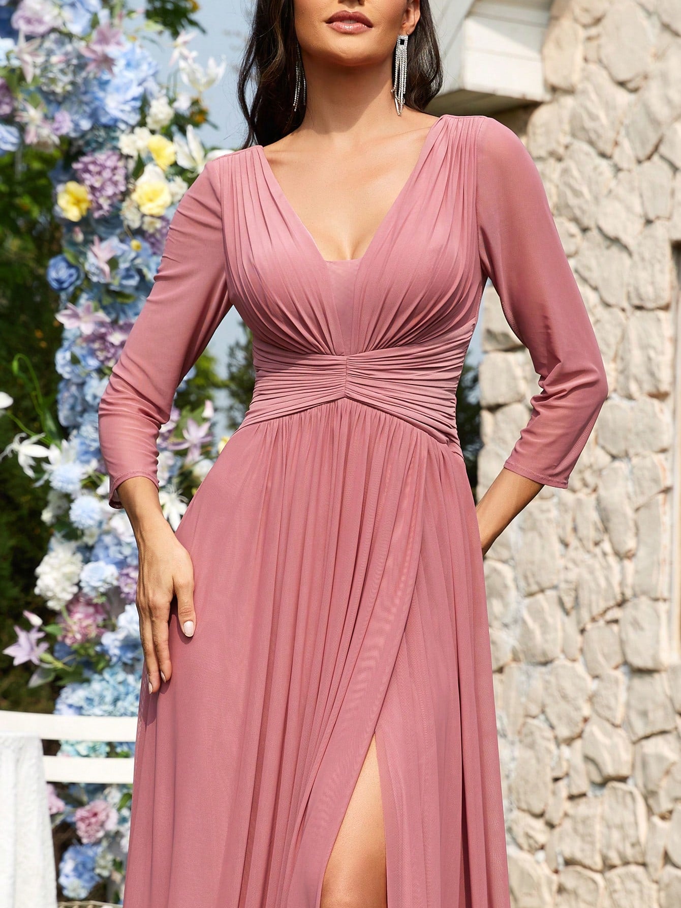 Women'S Deep V-Neck Long Sleeve High Slit Hem Evening Party Maxi Dress | XUIBOL