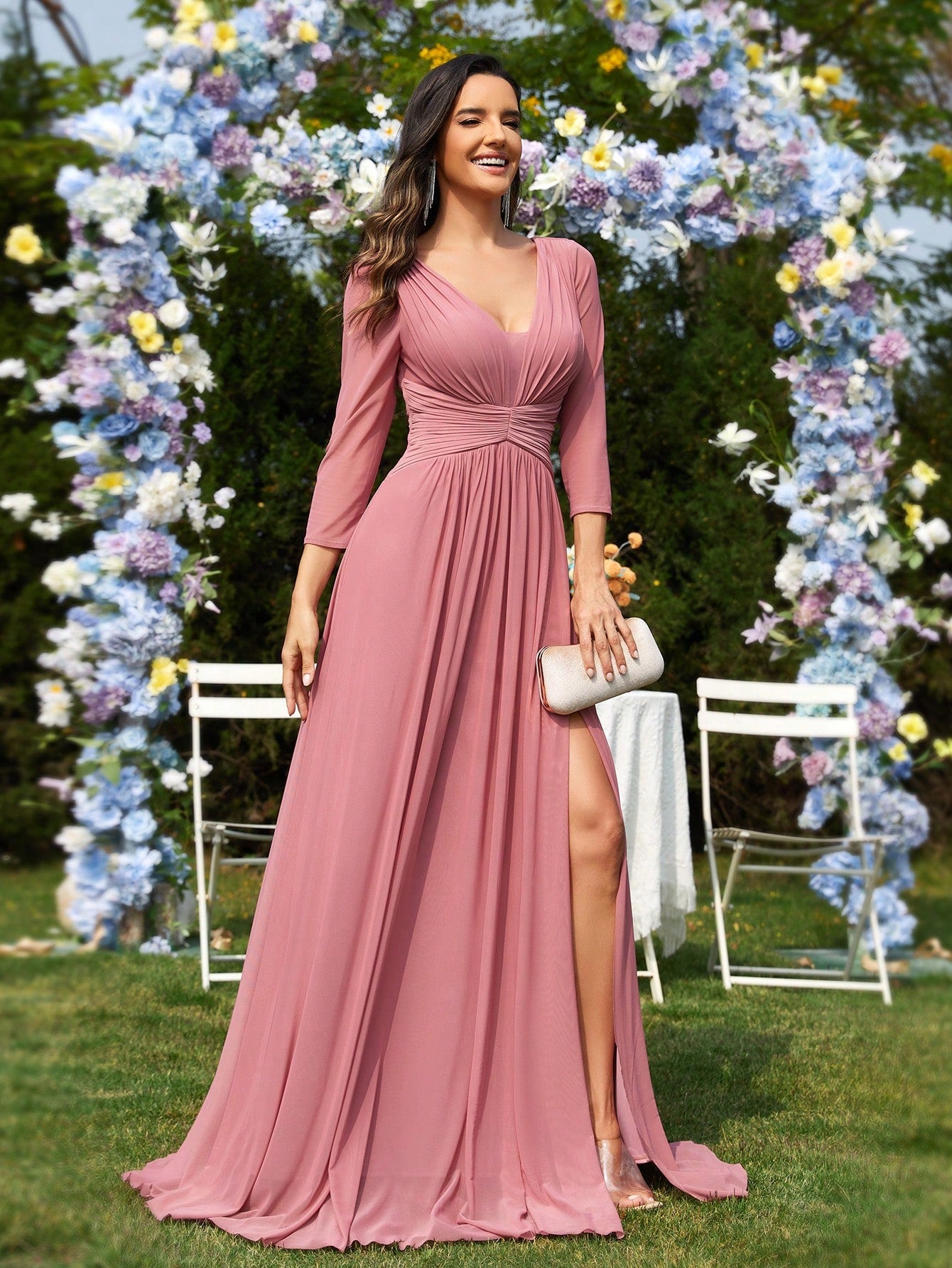 Women'S Deep V-Neck Long Sleeve High Slit Hem Evening Party Maxi Dress | XUIBOL