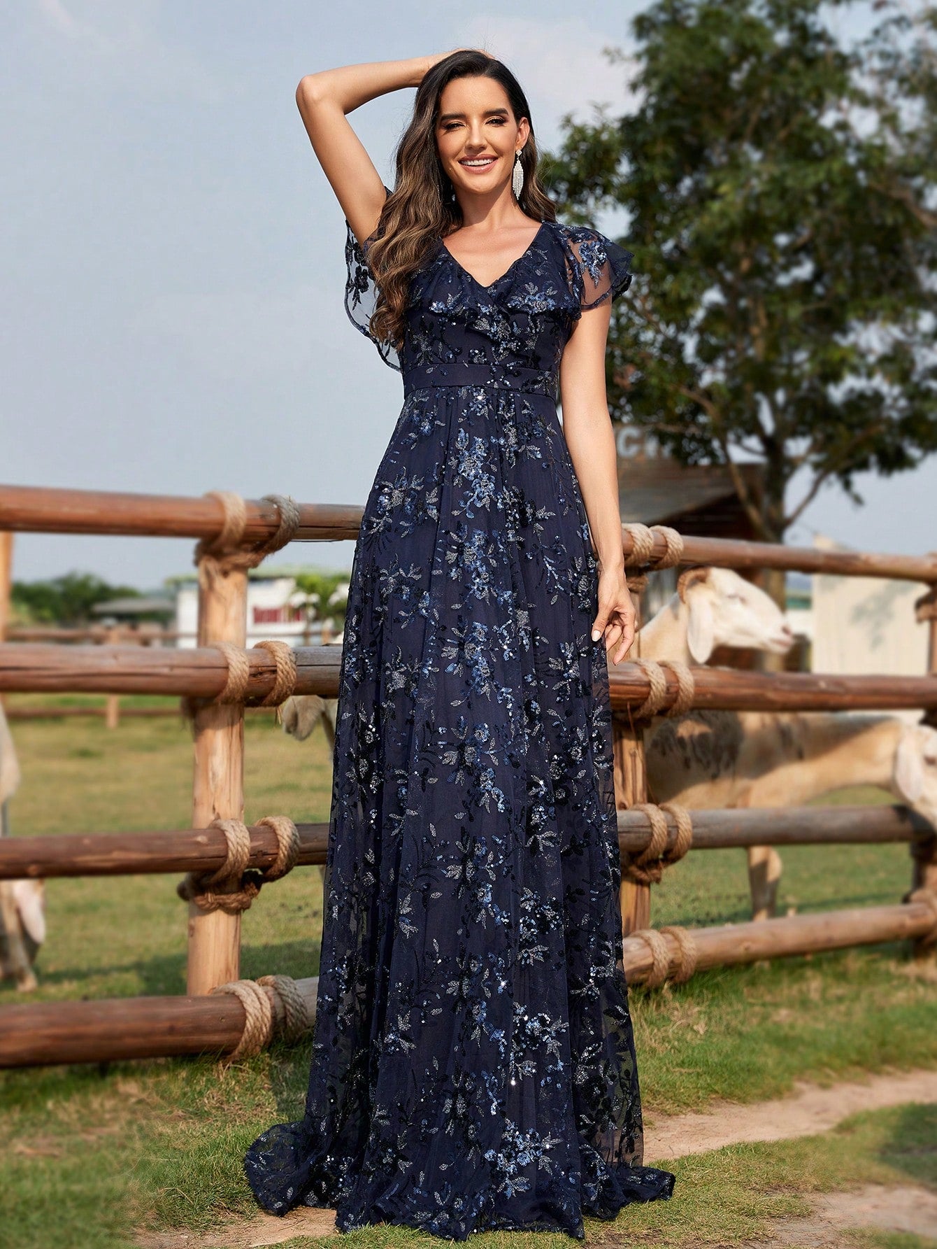 Women'S V-Neck Glitter Embroidery Mesh Evening Party Dress | XUIBOL