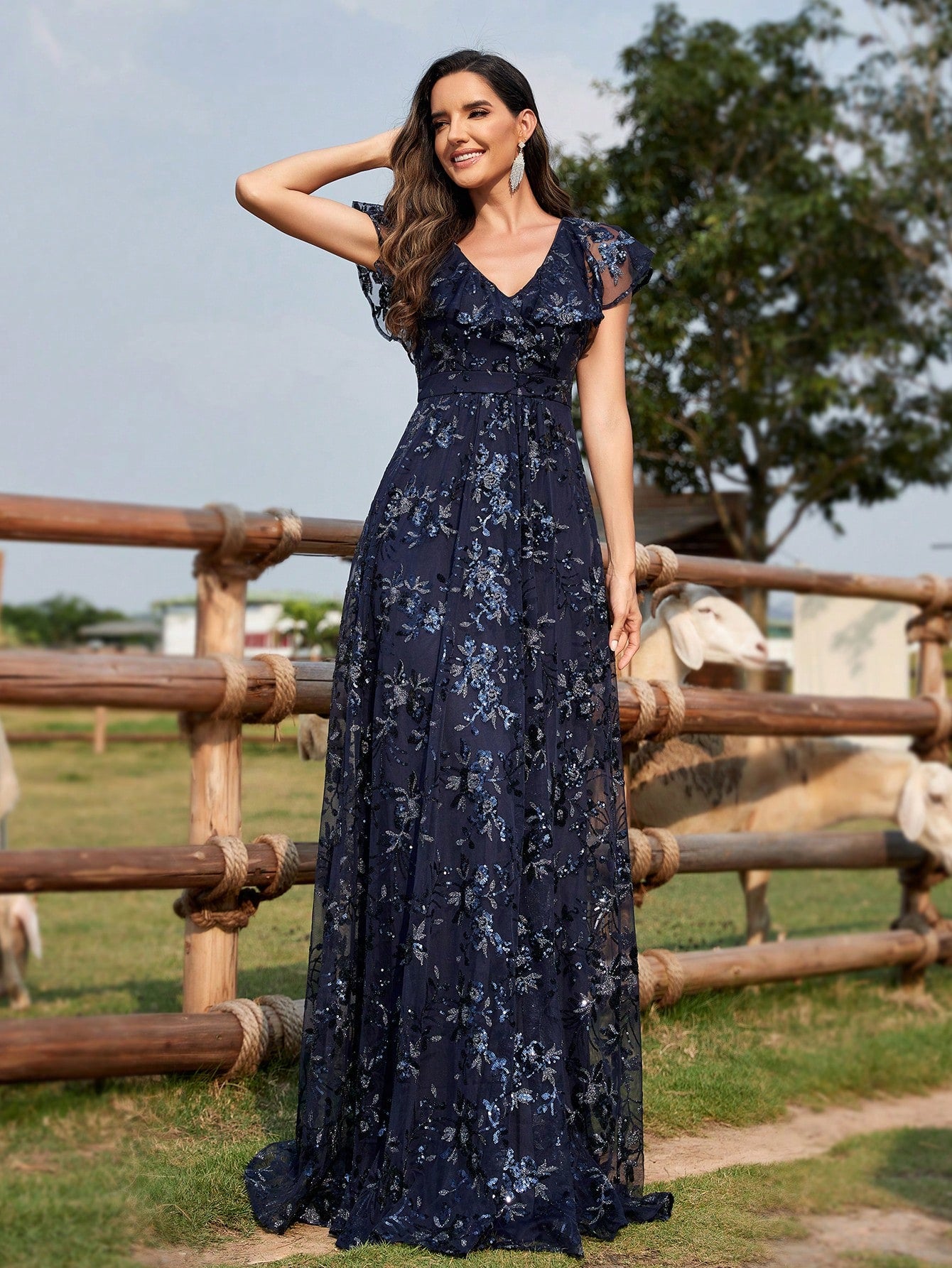 Women'S V-Neck Glitter Embroidery Mesh Evening Party Dress | XUIBOL