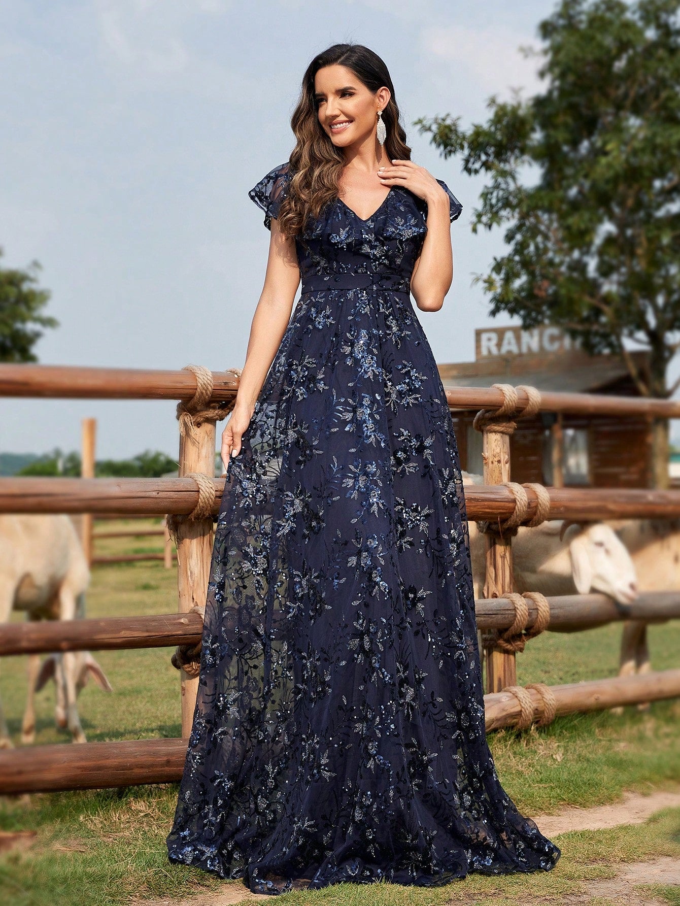 Women'S V-Neck Glitter Embroidery Mesh Evening Party Dress | XUIBOL