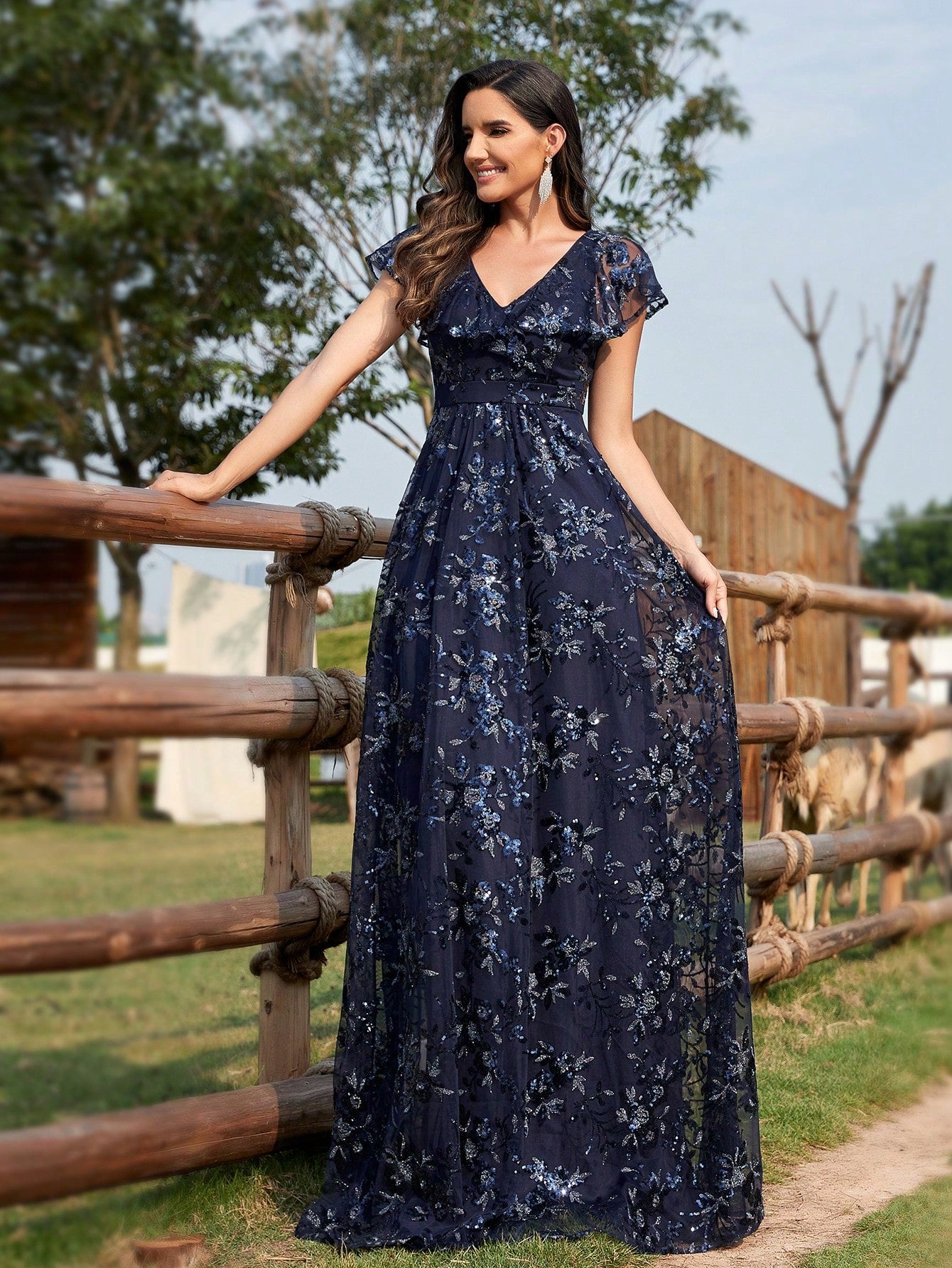 Women'S V-Neck Glitter Embroidery Mesh Evening Party Dress | XUIBOL