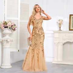 Champagne Gold Beaded Tulle Mermaid Gown