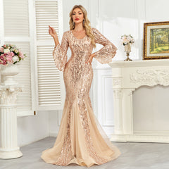Champagne Gold Sequin Bell Sleeve Mermaid Evening Gown