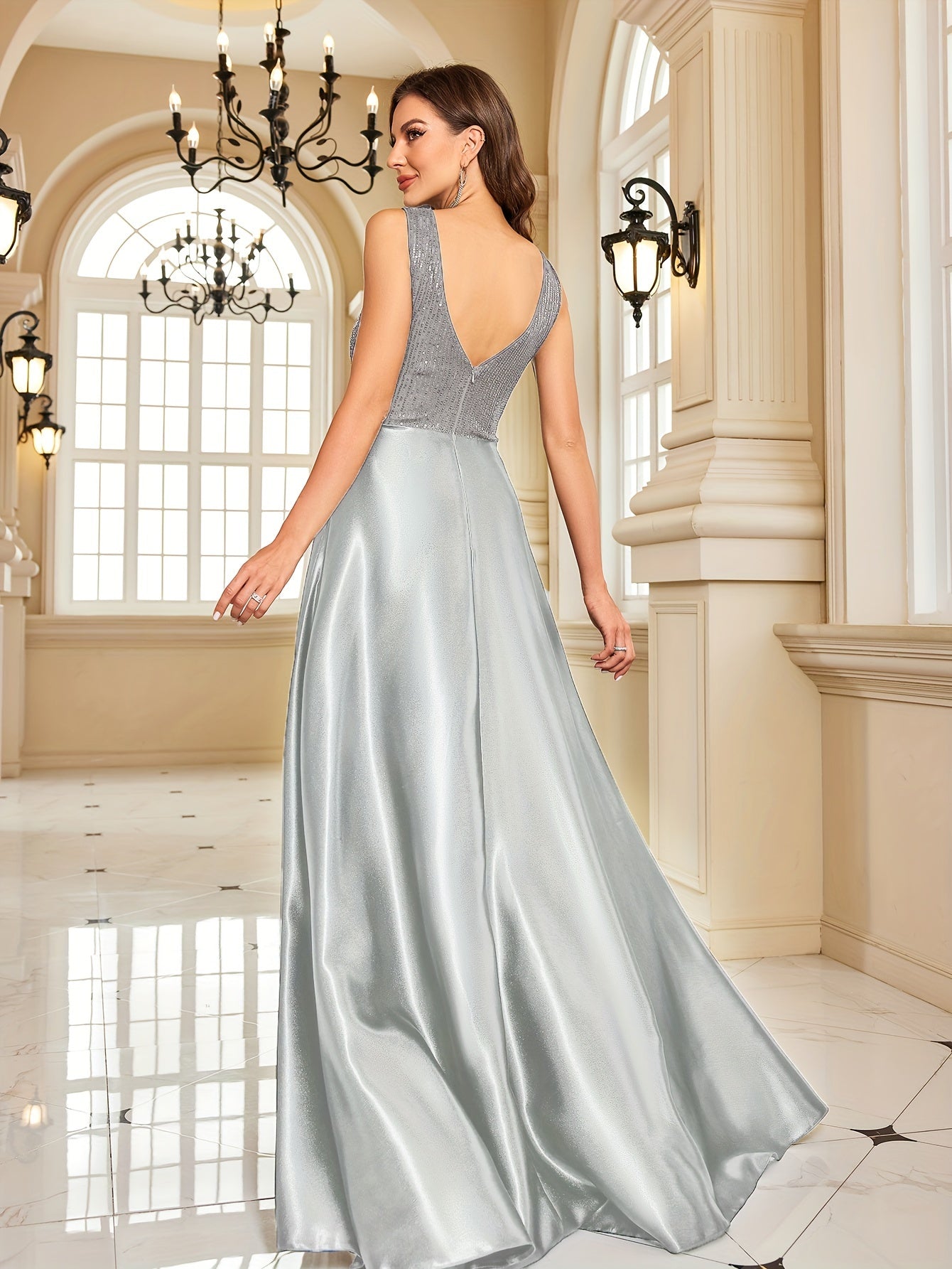 Sequin Sleeveless Bridesmaid Dress, Elegant V-neck Floor Length Dress | XUIBOL