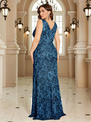 Navy Blue Floral Sequin Sleeveless Slit A‑Line Maxi Gown