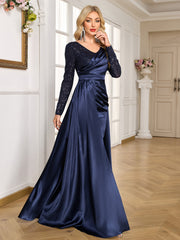 Navy Blue Sequin Long Sleeve Wrap V Neck High Slit Satin Evening Gown