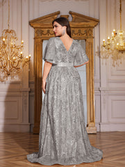 Rose Gold Sequin Flutter Sleeve Empire Waist A‑Line Plus Size Evening Gown
