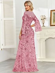 Royal Blue Sequin Split Flare‑Sleeve Mermaid Evening Gown