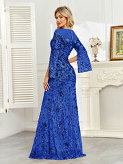 Royal Blue Sequin Split Flare‑Sleeve Mermaid Evening Gown