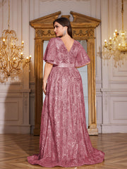 Rose Gold Sequin Flutter Sleeve Empire Waist A‑Line Plus Size Evening Gown