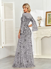 Royal Blue Sequin Split Flare‑Sleeve Mermaid Evening Gown