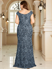Navy Blue Floral Sequin Off‑Shoulder Sheath Maxi Gown