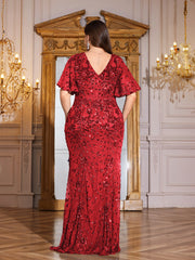 Royal Blue Sequin Flutter Sleeve Mermaid Evening Gown