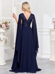 Navy Blue Sequin V‑Neck Cape Sleeve A‑Line Chiffon Evening Gown