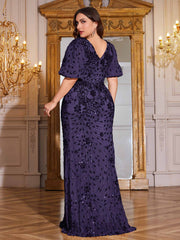 Navy Blue Sequin Puff Short Sleeve Mermaid Plus Size Evening Gown