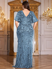 Royal Blue Sequin Flutter Sleeve Mermaid Evening Gown