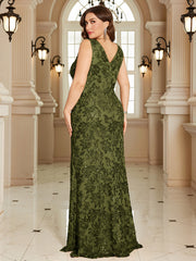Navy Blue Floral Sequin Sleeveless Slit A‑Line Maxi Gown