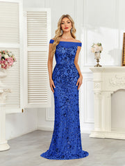 Royal Blue Sequin Off‑Shoulder Mermaid Evening Gown