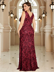 Navy Blue Floral Sequin Sleeveless Slit A‑Line Maxi Gown