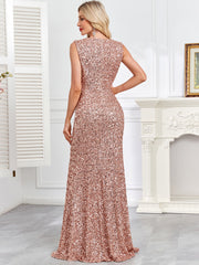 Rose Gold Sequin Surplice V‑Neck Sleeveless High Slit Evening Gown