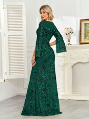 Royal Blue Sequin Split Flare‑Sleeve Mermaid Evening Gown