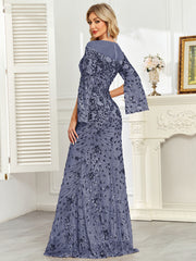 Royal Blue Sequin Split Flare‑Sleeve Mermaid Evening Gown