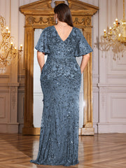 Royal Blue Sequin Flutter Sleeve Mermaid Evening Gown