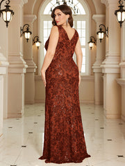 Navy Blue Floral Sequin Sleeveless Slit A‑Line Maxi Gown