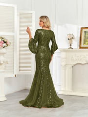 Champagne Gold Sequin Bell Sleeve Mermaid Evening Gown