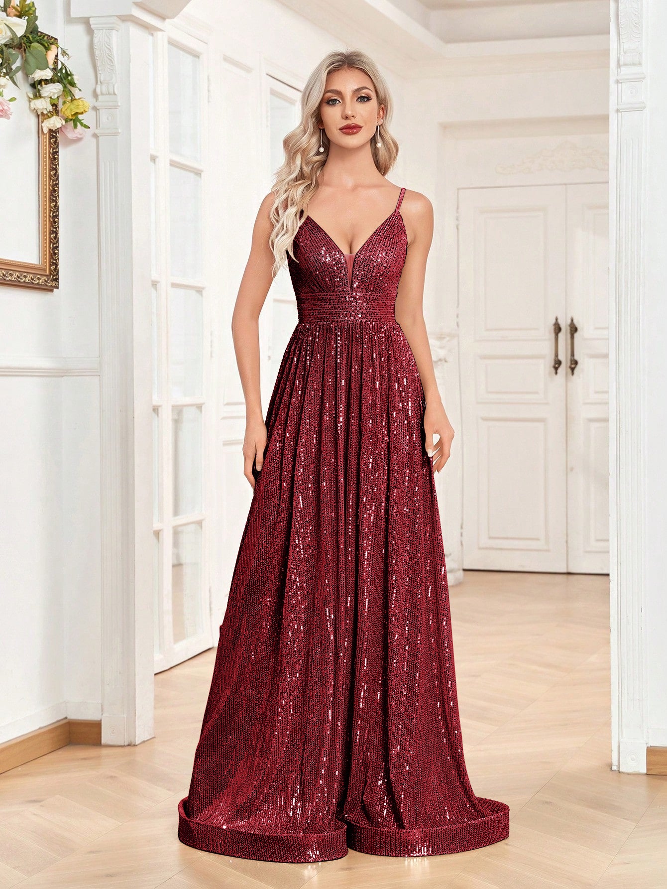 Sequined Bridesmaid Strap Dress, Elegant V-neck Floor Length Dress For Wedding Party | XUIBOL