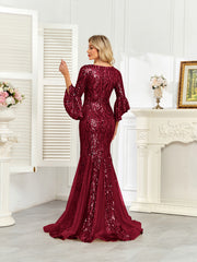 Champagne Gold Sequin Bell Sleeve Mermaid Evening Gown