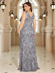Navy Blue Floral Sequin Sleeveless Slit A‑Line Maxi Gown