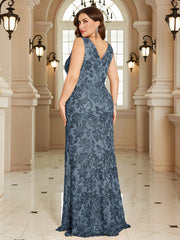 Navy Blue Floral Sequin Sleeveless Slit A‑Line Maxi Gown