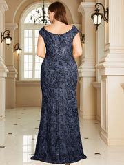 Navy Blue Floral Sequin Off‑Shoulder Sheath Maxi Gown