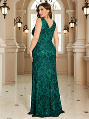 Navy Blue Floral Sequin Sleeveless Slit A‑Line Maxi Gown
