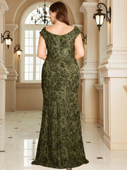 Navy Blue Floral Sequin Off‑Shoulder Sheath Maxi Gown