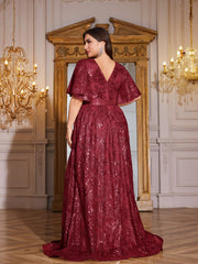 Rose Gold Sequin Flutter Sleeve Empire Waist A‑Line Plus Size Evening Gown
