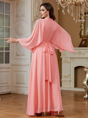Peach Pink Rhinestone High Neck Cape Sleeve A‑Line Gown